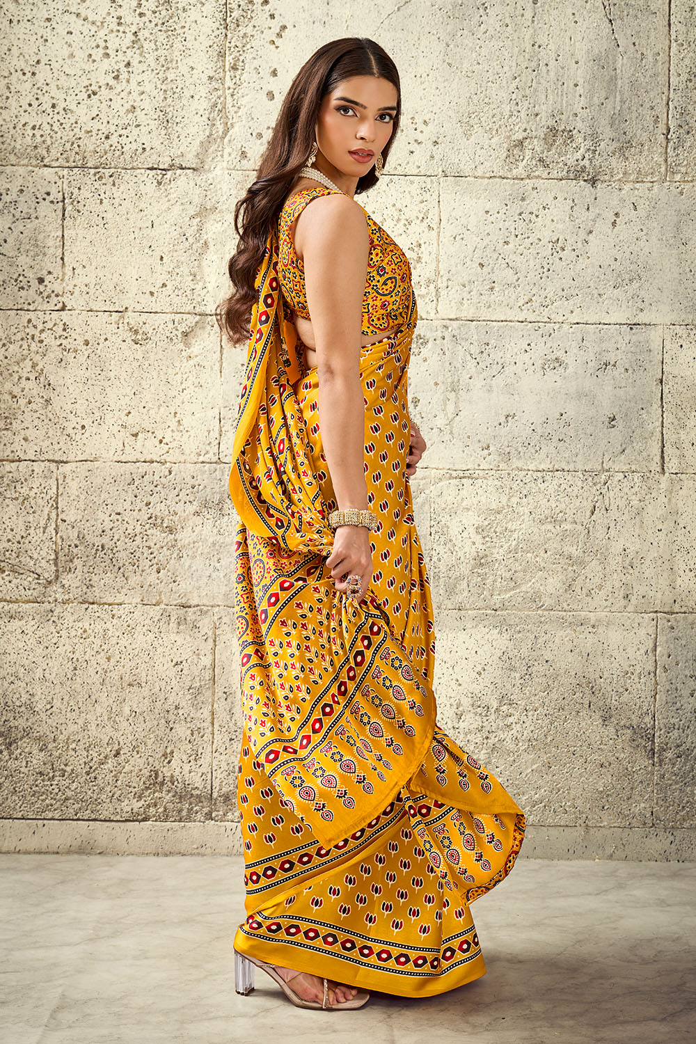 Karishma Mustard Yellow Modal Satin Ajrakh Print Ready to Wear Saree