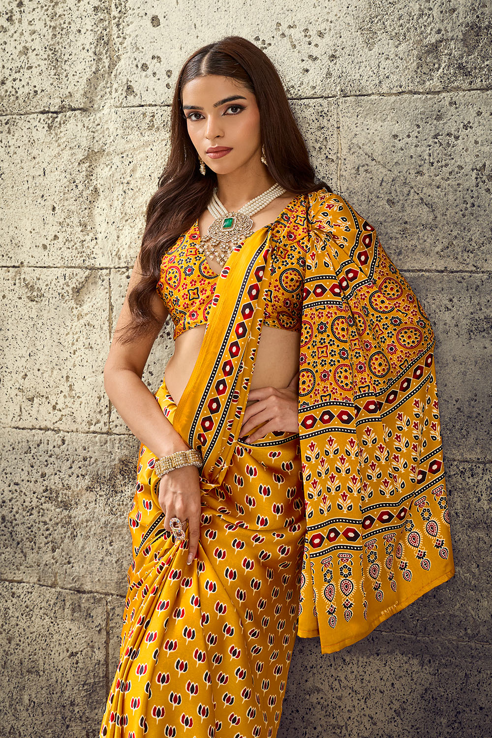 Karishma Mustard Yellow Modal Satin Ajrakh Print Ready to Wear Saree