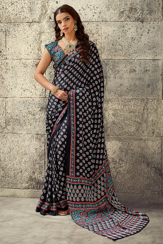 Karishma Black Modal Satin Ajrakh Print Ready to Wear Saree