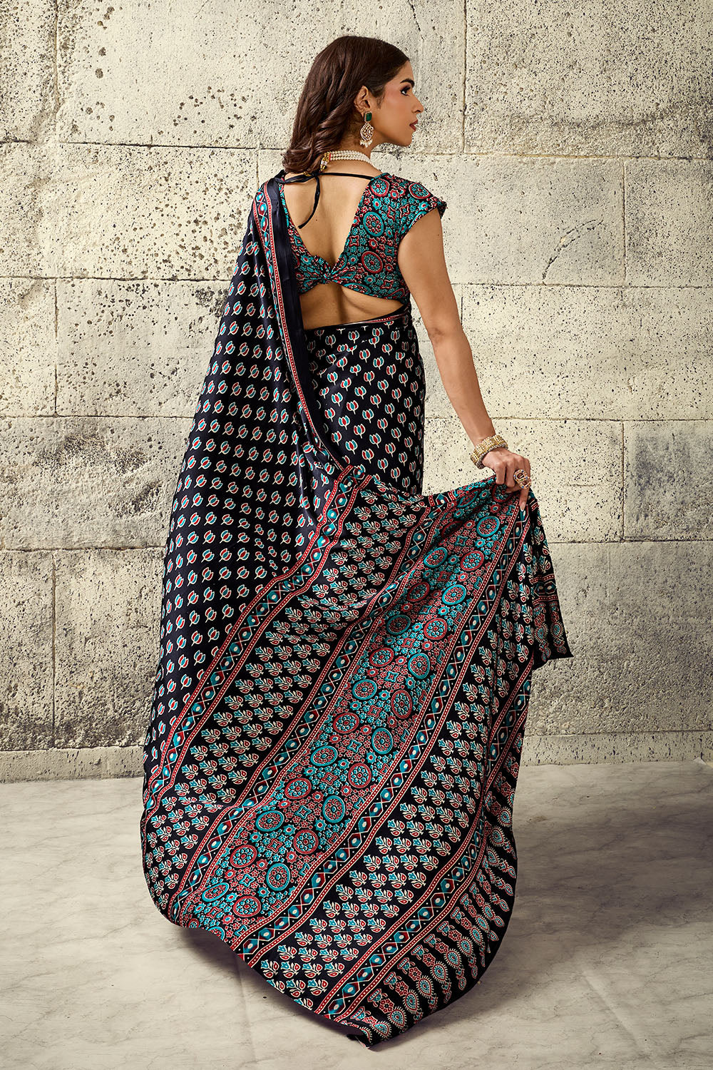 Karishma Black Modal Satin Ajrakh Print Ready to Wear Saree