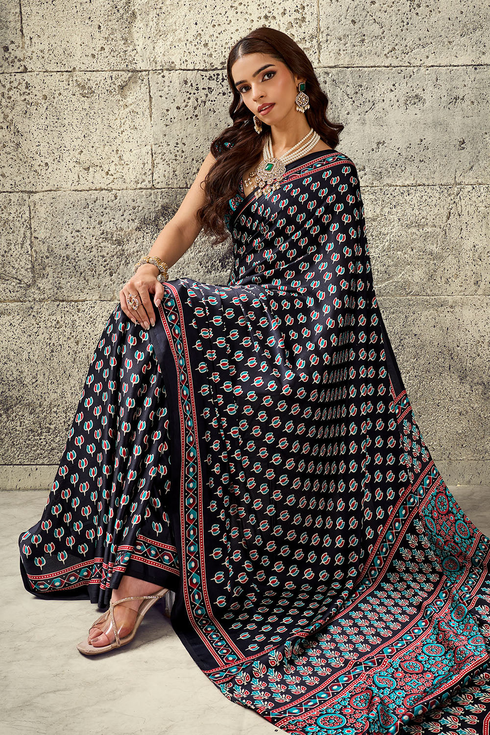Karishma Black Modal Satin Ajrakh Print Ready to Wear Saree