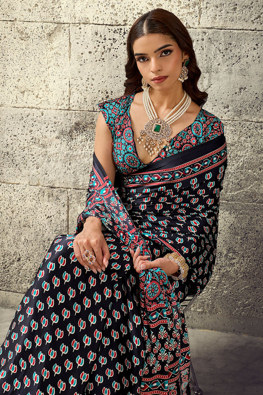 Karishma Black Modal Satin Ajrakh Print Ready to Wear Saree