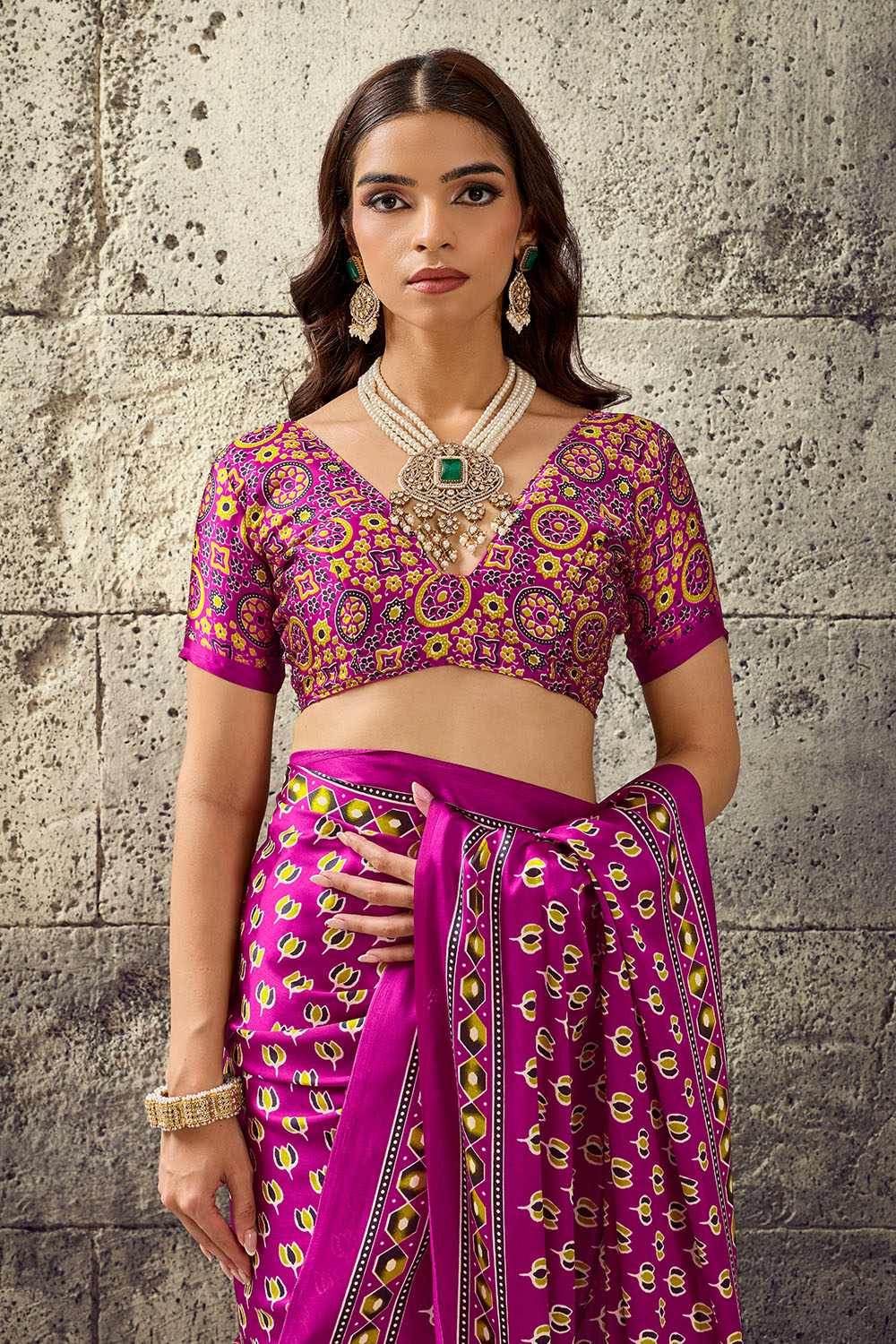 Karishma Magenta Modal Satin Ajrakh Print Ready to Wear Saree