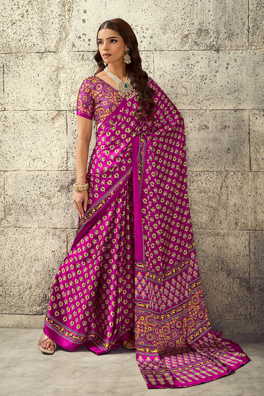 Karishma Magenta Modal Satin Ajrakh Print Ready to Wear Saree
