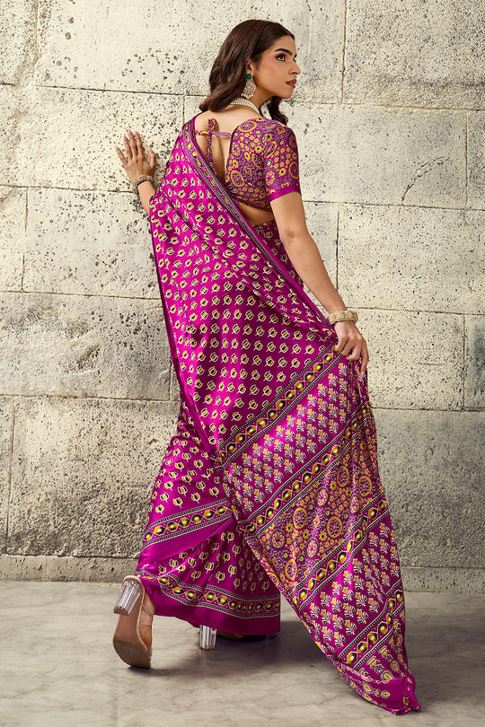 Karishma Magenta Modal Satin Ajrakh Print Ready to Wear Saree