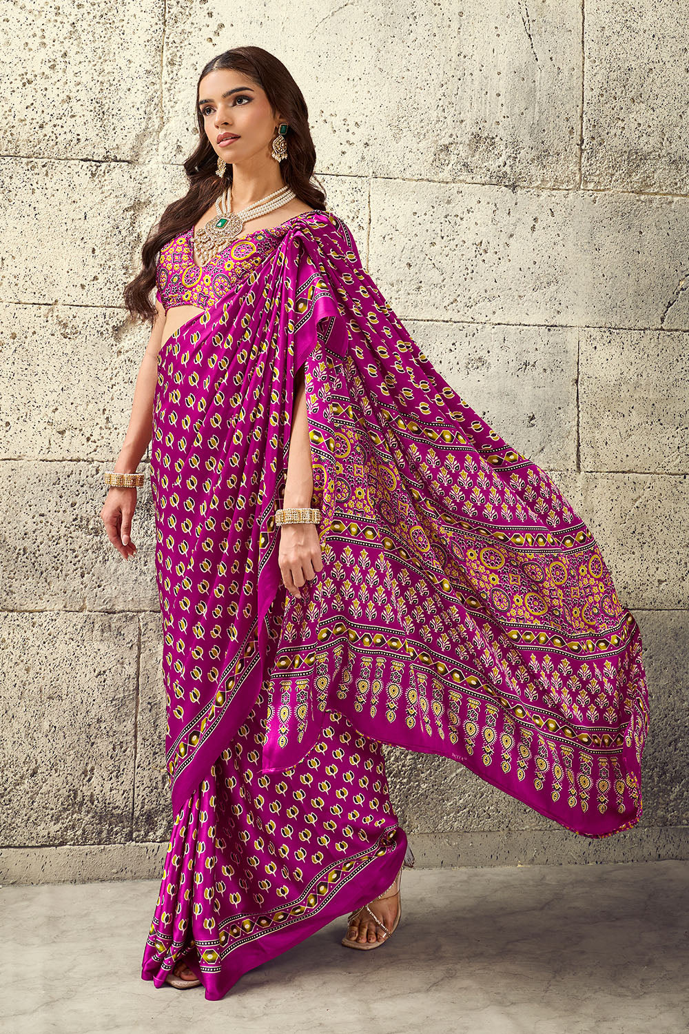 Karishma Magenta Modal Satin Ajrakh Print Ready to Wear Saree