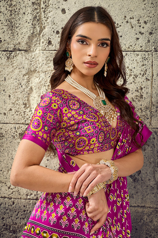 Karishma Magenta Modal Satin Ajrakh Print Ready to Wear Saree