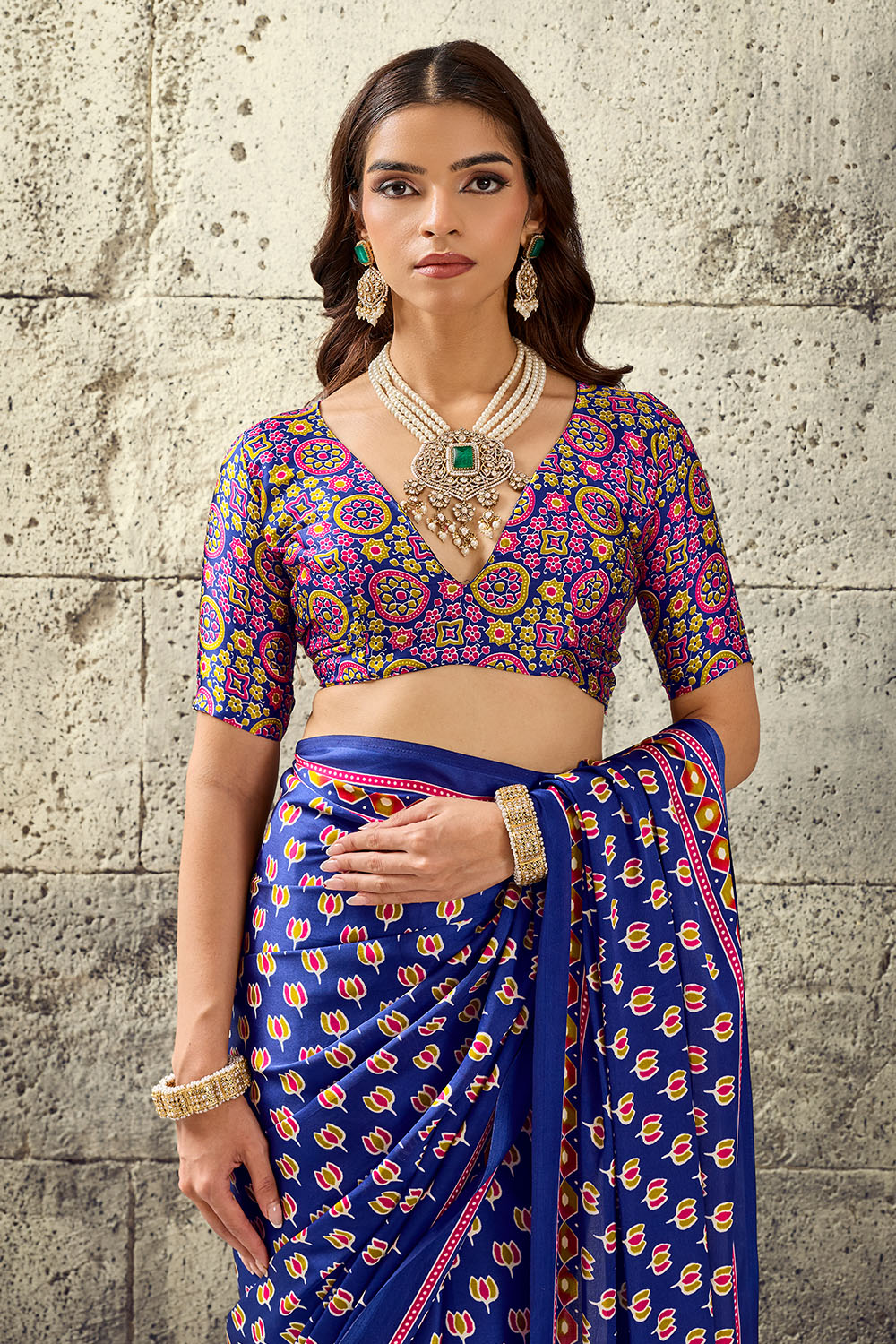 Karishma Royal Blue Modal Satin Ajrakh Print Ready to Wear Saree