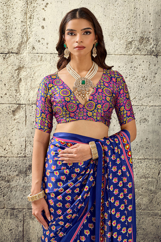 Karishma Royal Blue Modal Satin Ajrakh Print Ready to Wear Saree