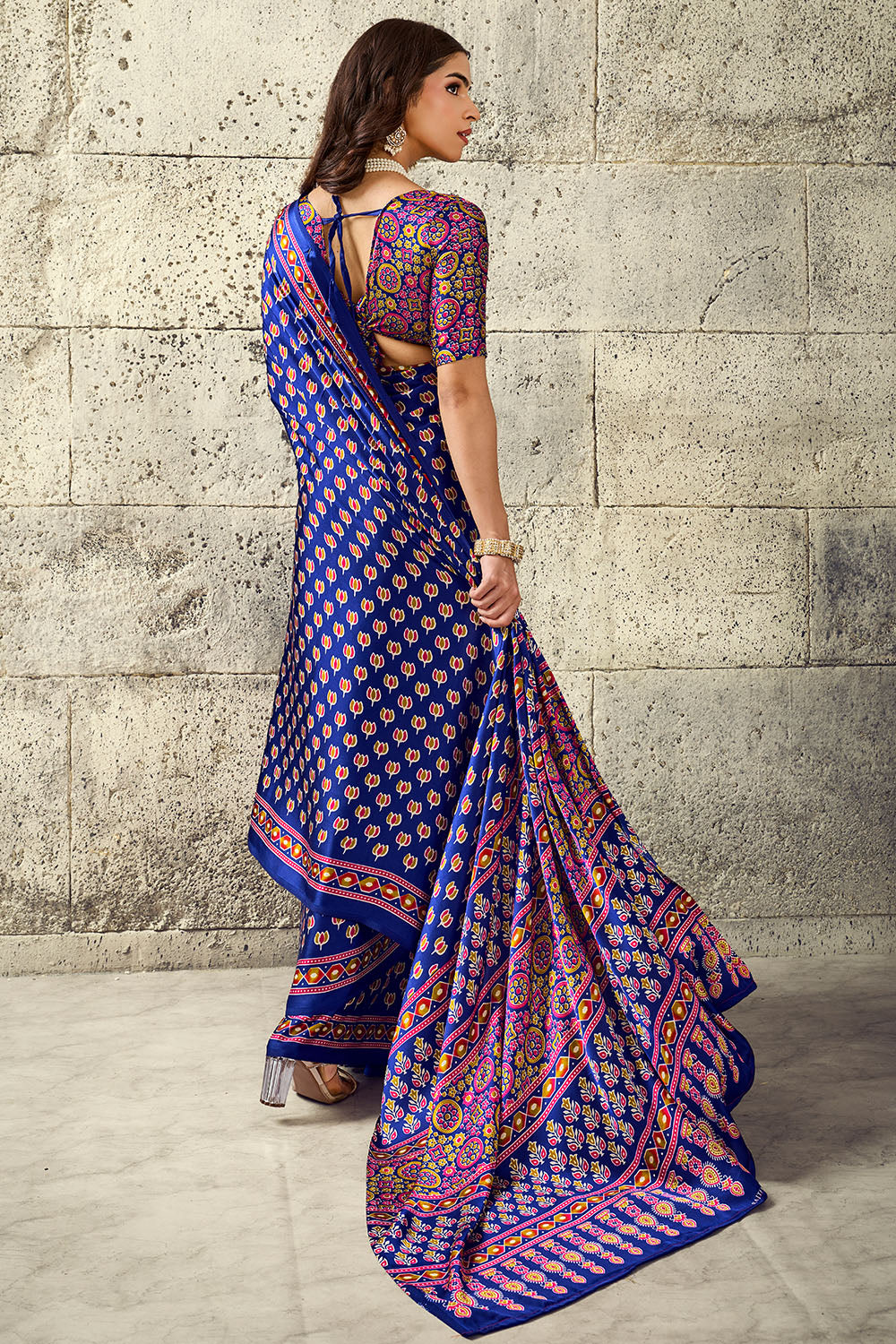 Karishma Royal Blue Modal Satin Ajrakh Print Ready to Wear Saree