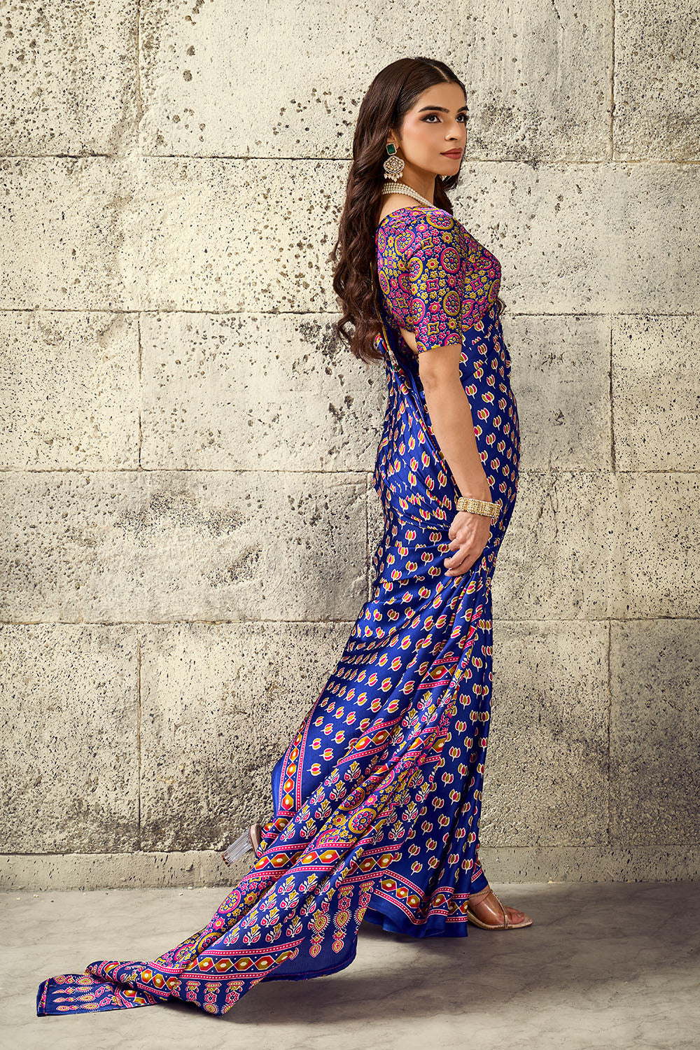 Karishma Royal Blue Modal Satin Ajrakh Print Ready to Wear Saree