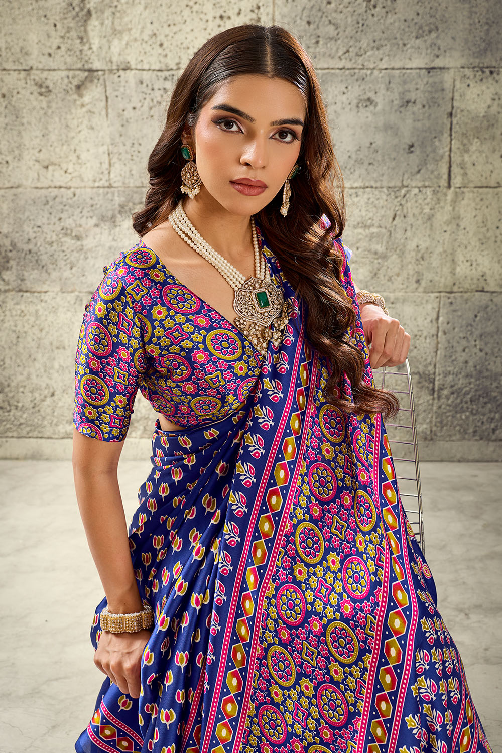 Karishma Royal Blue Modal Satin Ajrakh Print Ready to Wear Saree
