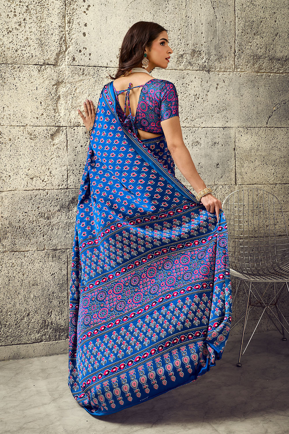 Karishma True Blue Modal Satin Ajrakh Print Ready to Wear Saree