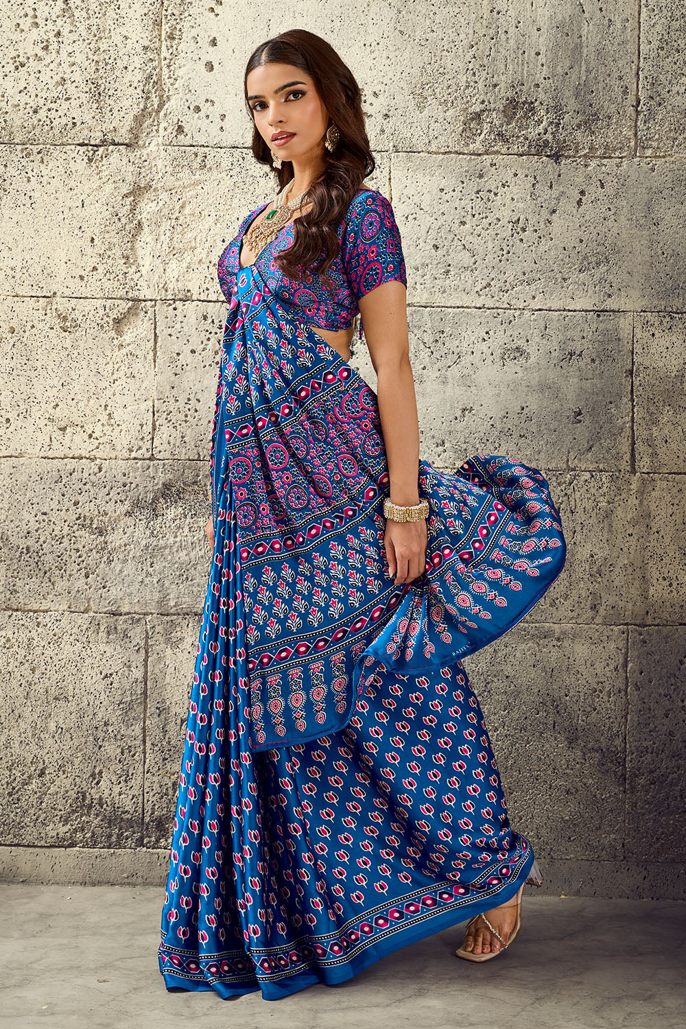 Karishma True Blue Modal Satin Ajrakh Print Ready to Wear Saree