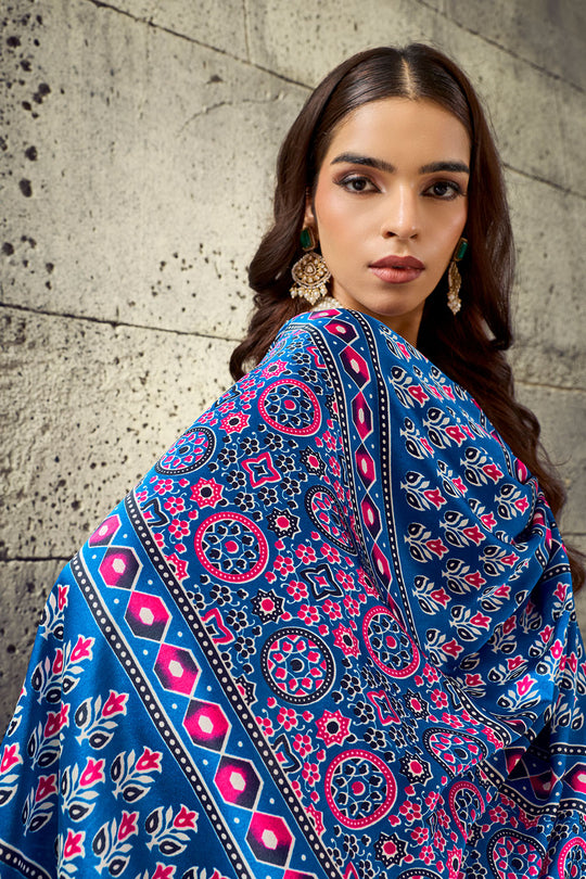 Karishma True Blue Modal Satin Ajrakh Print Ready to Wear Saree