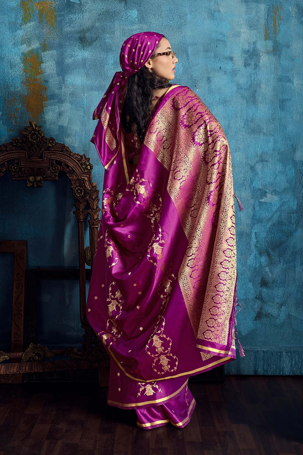 Ghazal Magenta Pure Satin Handloom Weaving Ready to Wear Saree