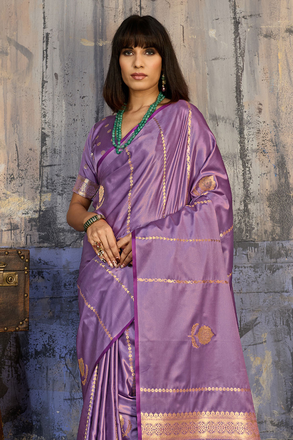 Iskra Lavender Purple Pure Satin Handloom Weaving Ready to Wear Saree