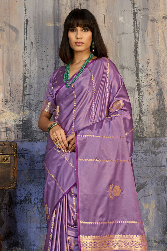 Iskra Lavender Purple Pure Satin Handloom Weaving Ready to Wear Saree