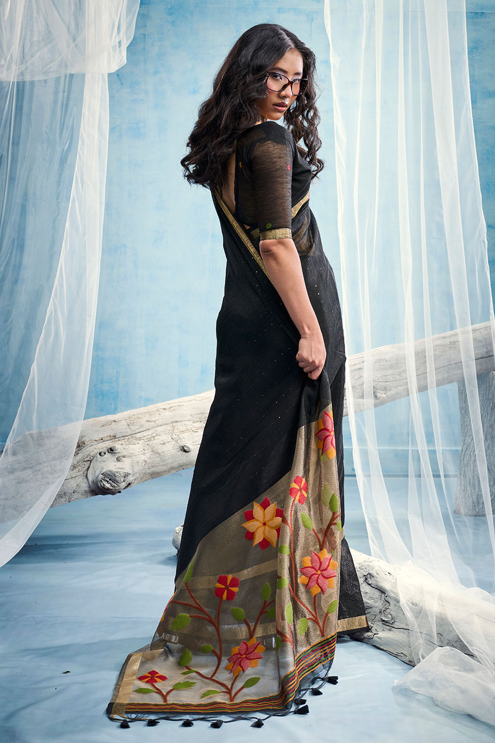 Sandhya Black Munga Silk Handloom Weaving Zari Work  Ready to Wear Saree