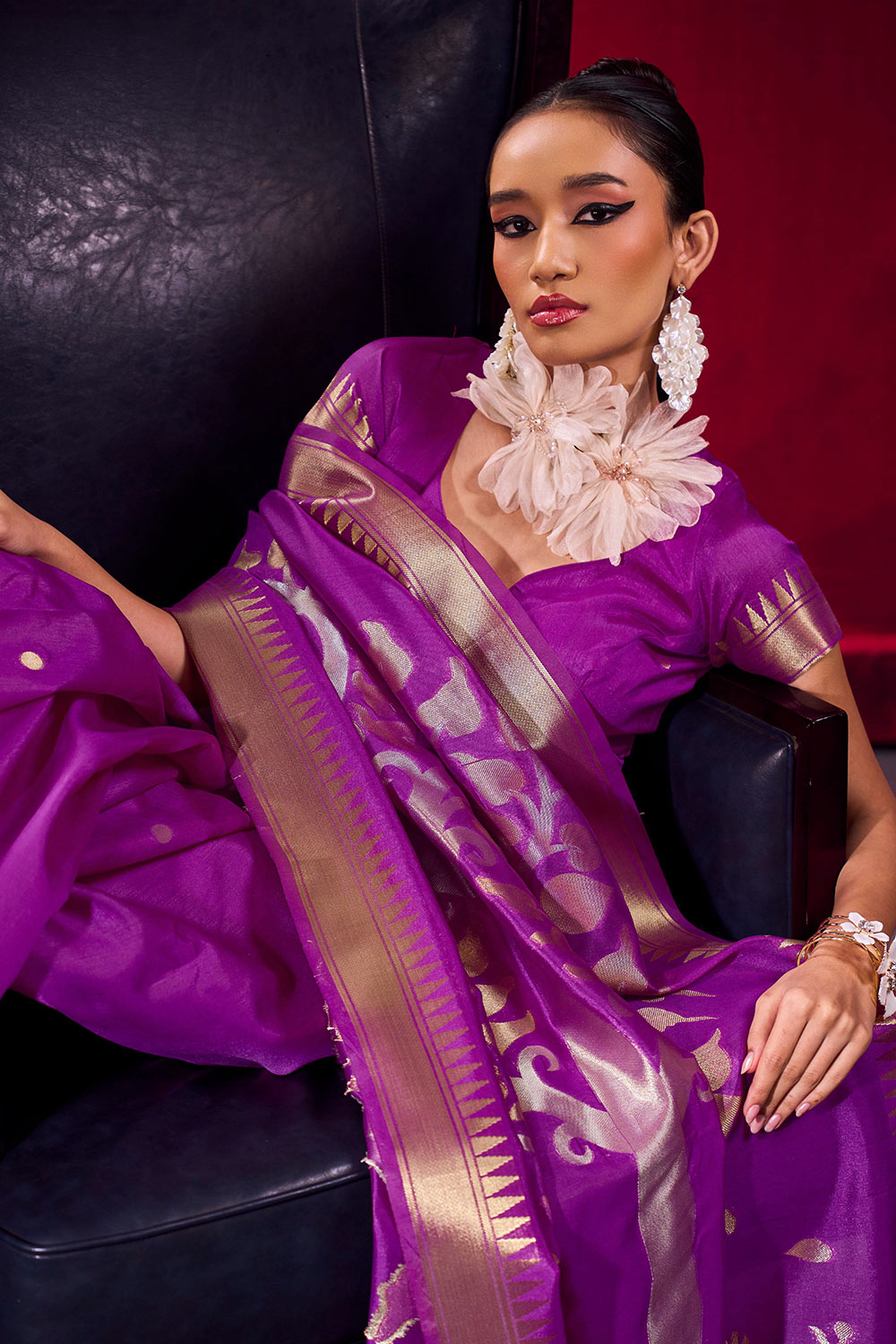 Nargis Purple Satin Linen Handloom Weaving Silk Ready to Wear One Minute Saree