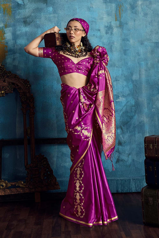 Ghazal Magenta Pure Satin Handloom Weaving Ready to Wear Saree