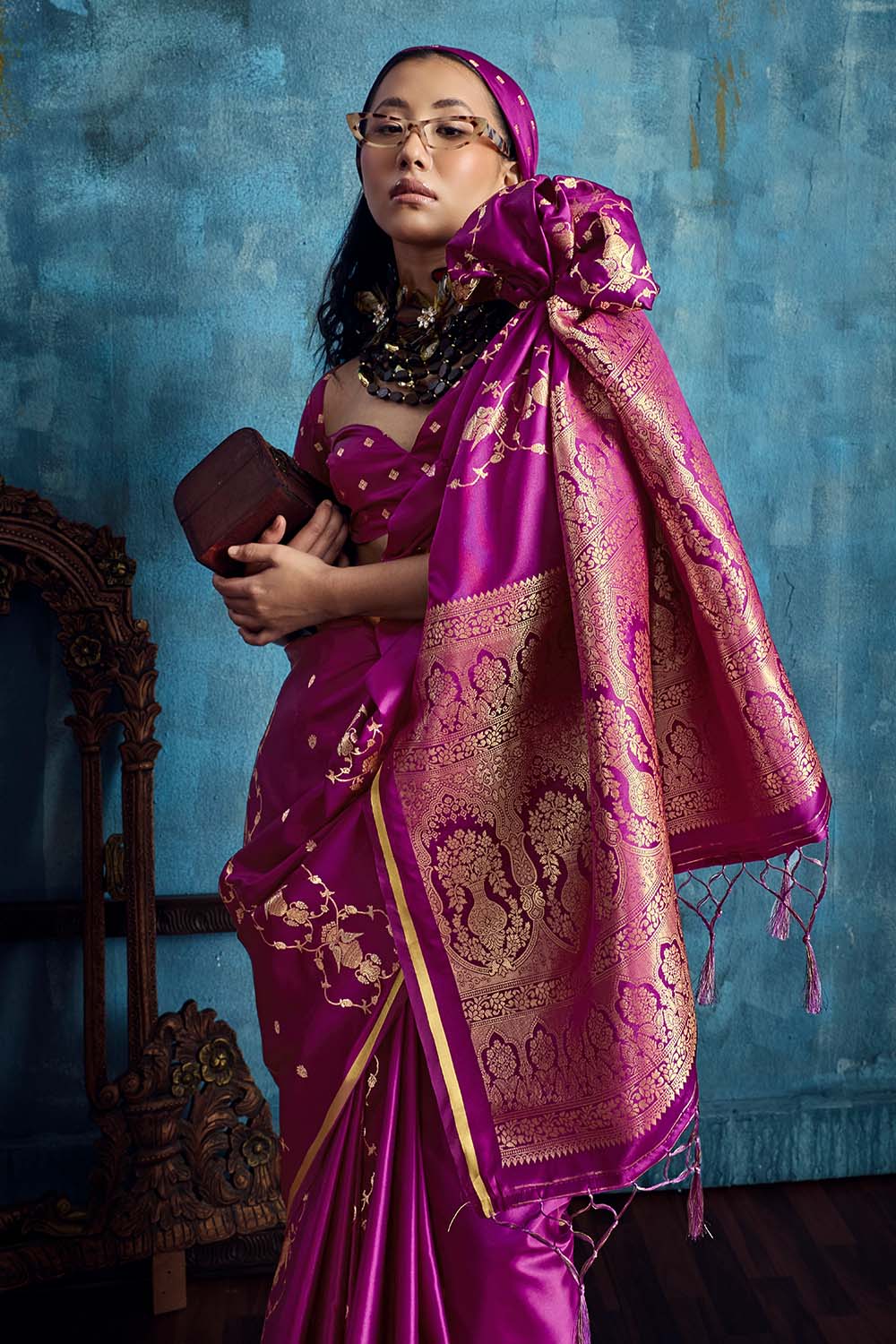 Ghazal Magenta Pure Satin Handloom Weaving Ready to Wear Saree