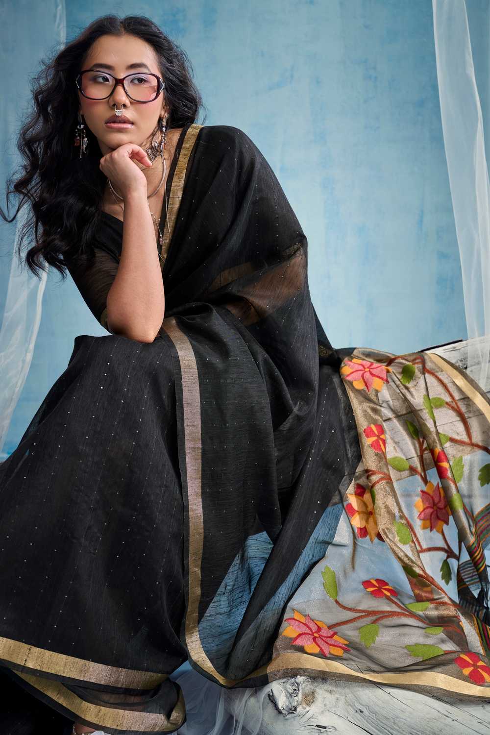 Sandhya Black Munga Silk Handloom Weaving Zari Work  Ready to Wear Saree