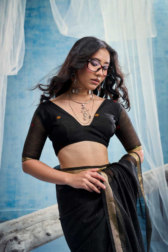 Sandhya Black Munga Silk Handloom Weaving Zari Work  Ready to Wear Saree