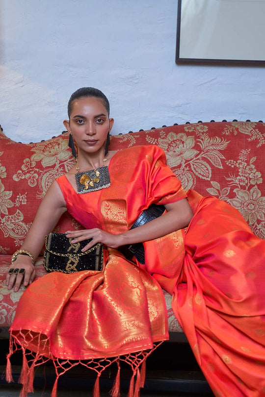 Afra Orange Moss Weave Art Silk Ready to Wear One Minute Saree