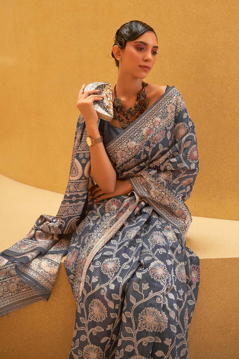 Ruhi Grey Cotton Chikankari One Minute Saree