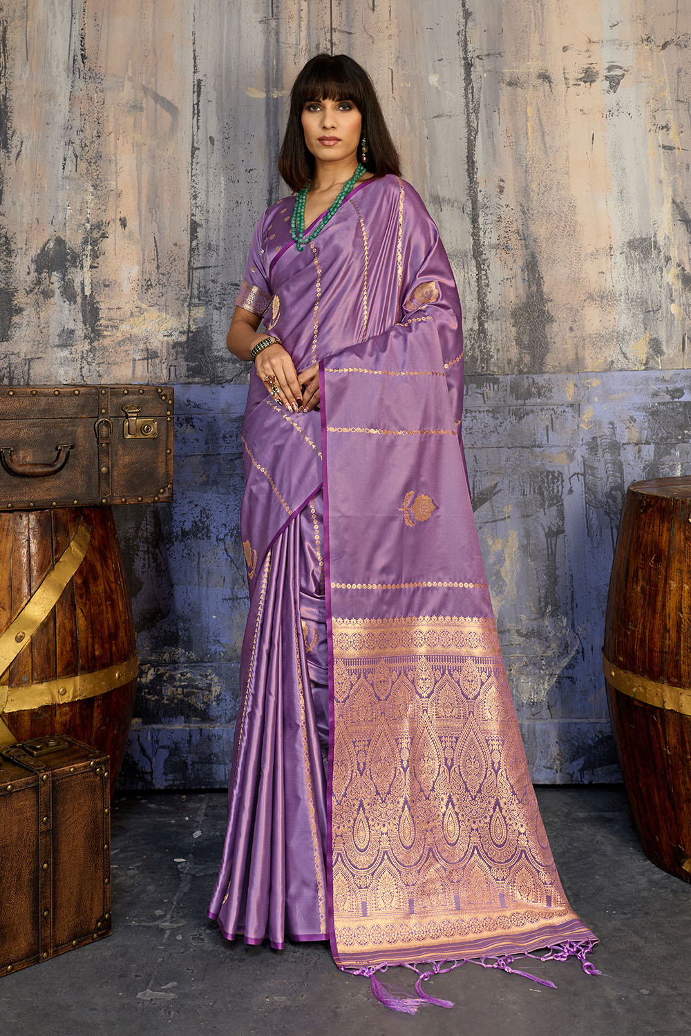 Iskra Lavender Purple Pure Satin Handloom Weaving Ready to Wear Saree