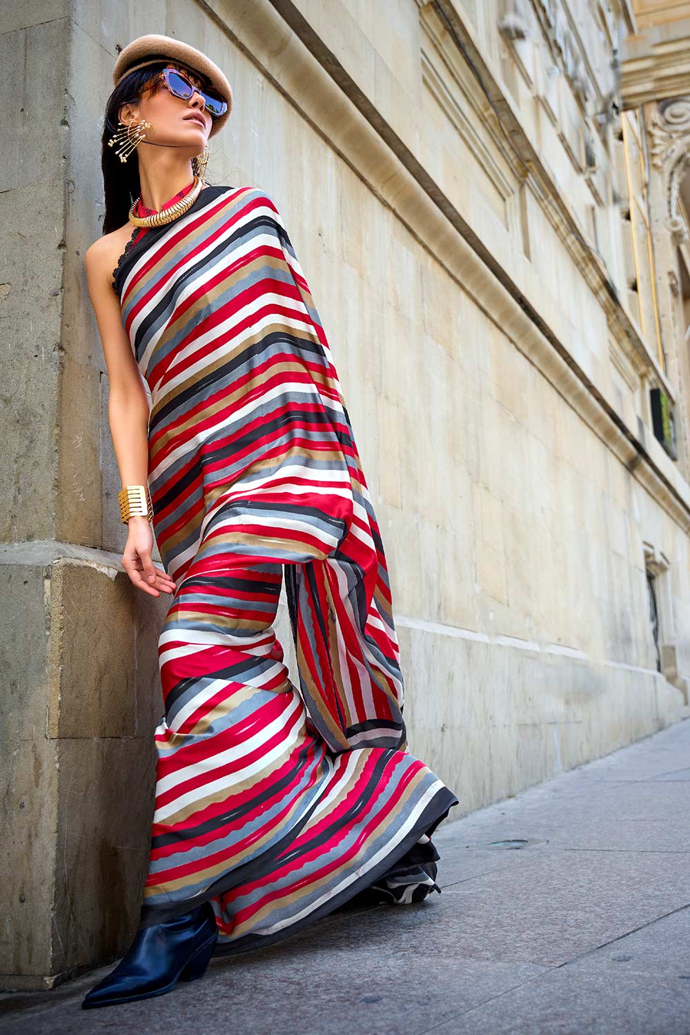 Amal  Multi-Color Stripes Printed Satin Crepe One Minute Saree