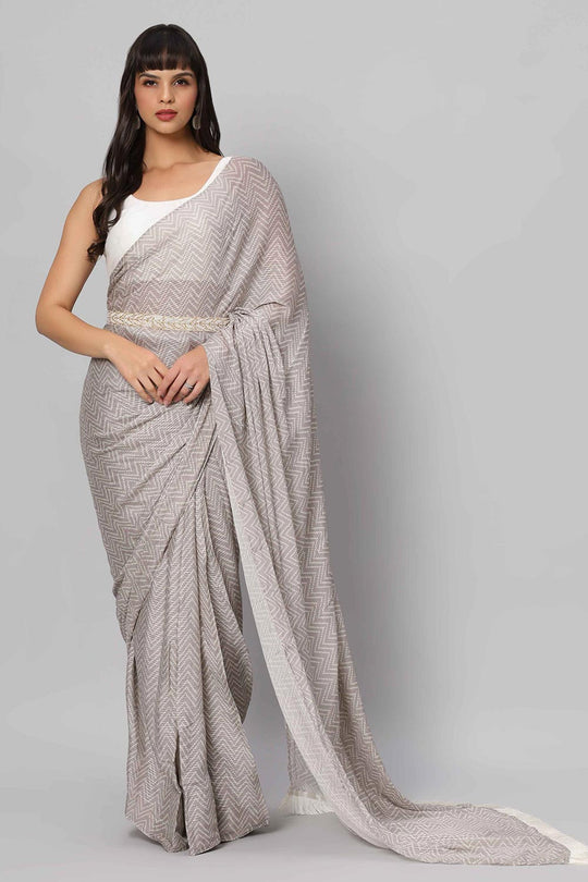 Mehr Grey & White Zigzag Sequins Crepe Silk One Minute Saree