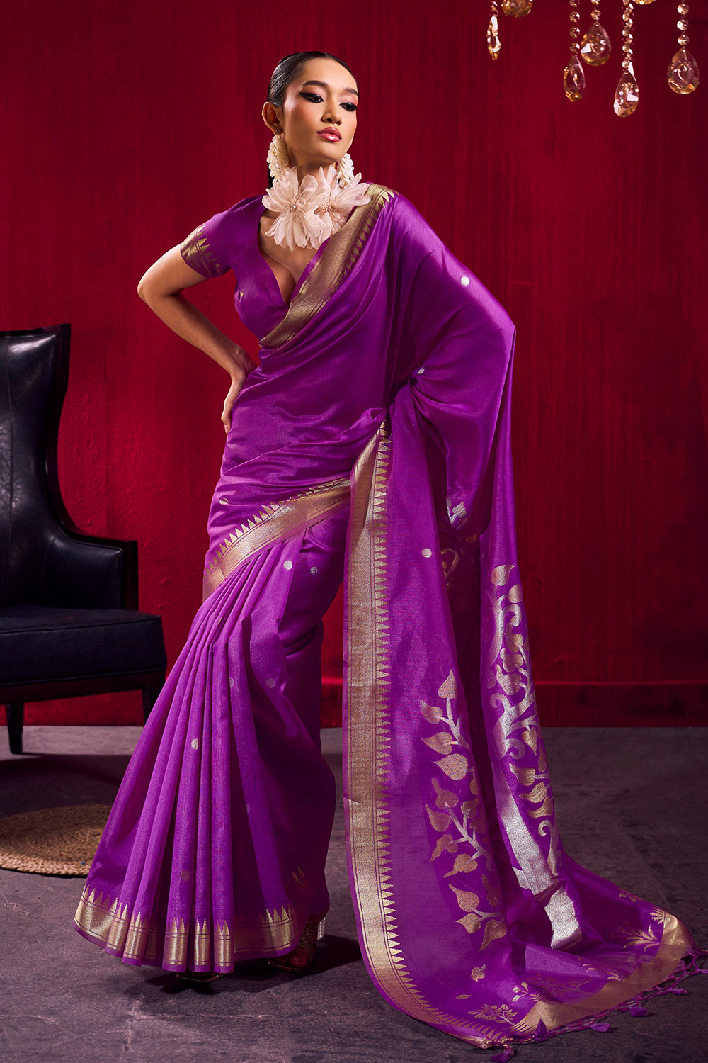 Nargis Purple Satin Linen Handloom Weaving Silk Ready to Wear One Minute Saree