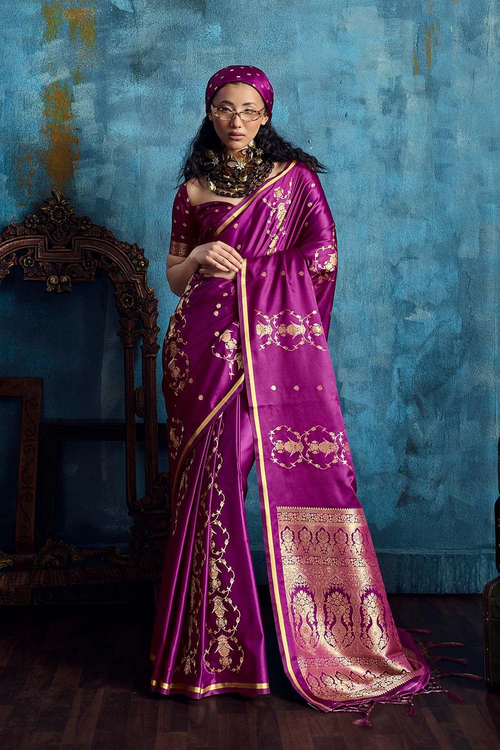 Ghazal Magenta Pure Satin Handloom Weaving Ready to Wear Saree