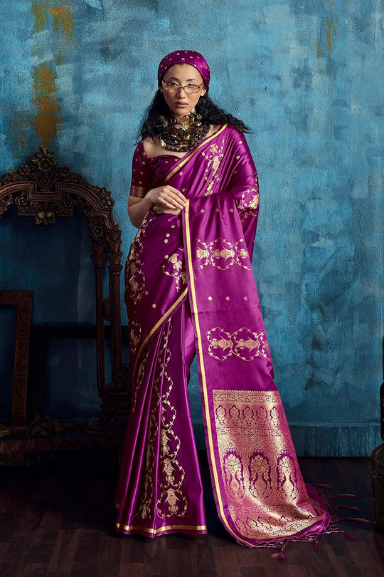 Ghazal Magenta Pure Satin Handloom Weaving Ready to Wear Saree