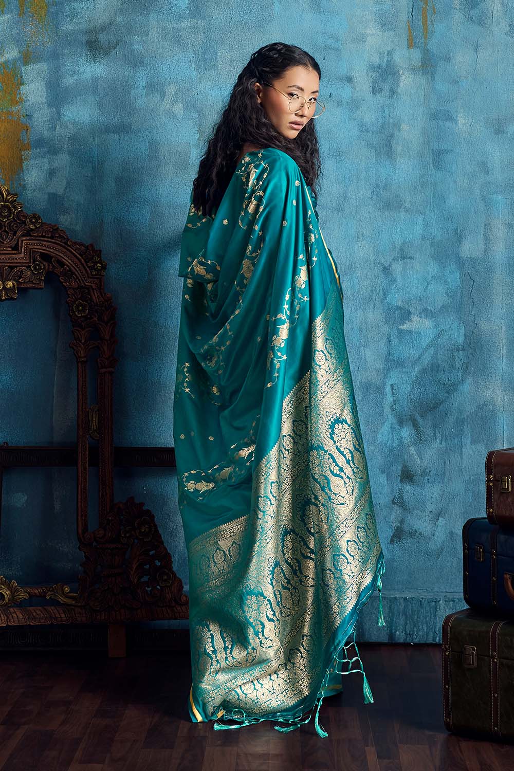 Ghazal Turquoise Blue Pure Satin Handloom Weaving Ready to Wear Saree