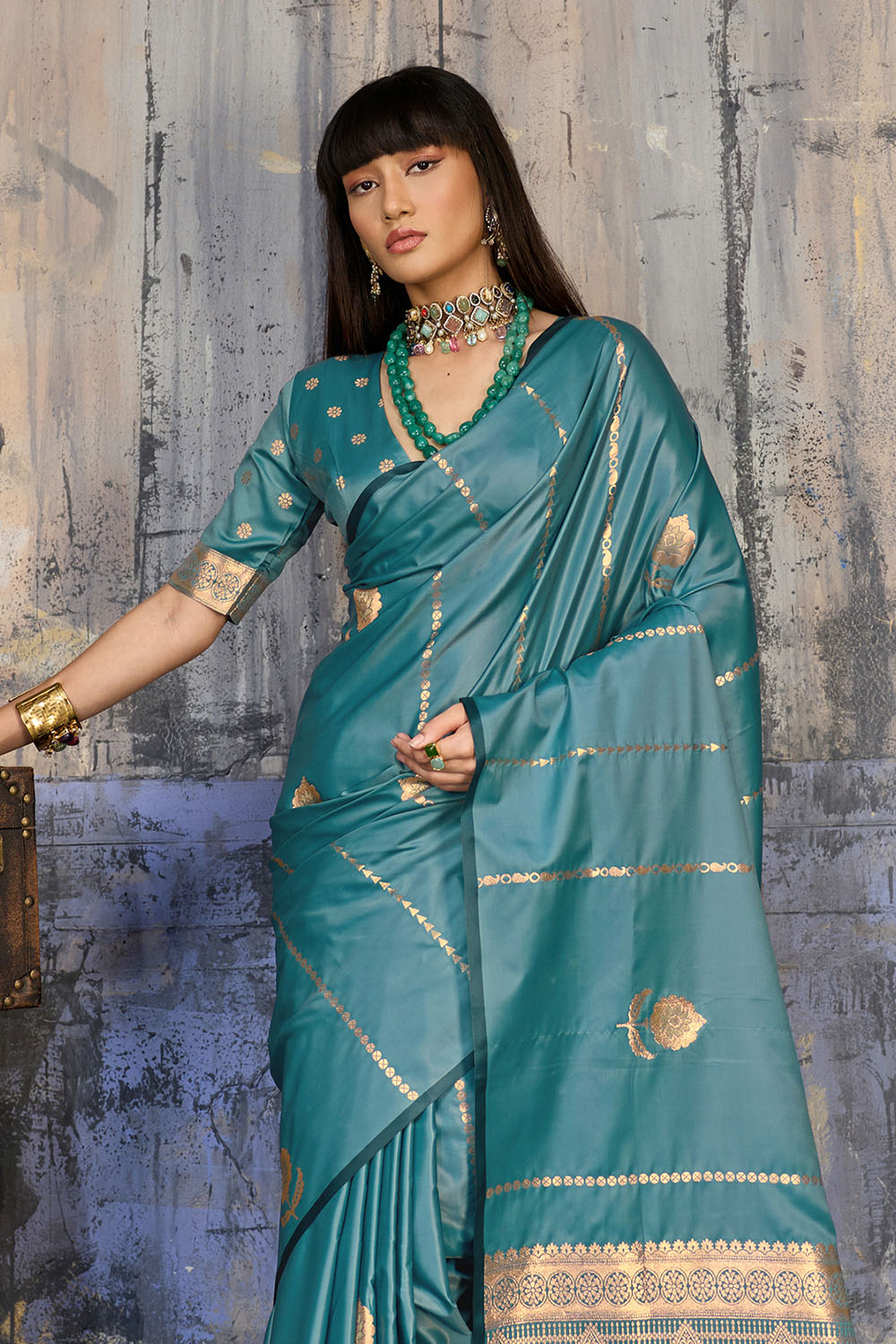 Iskra Turquoise Blue Pure Satin Handloom Weaving Ready to Wear Saree