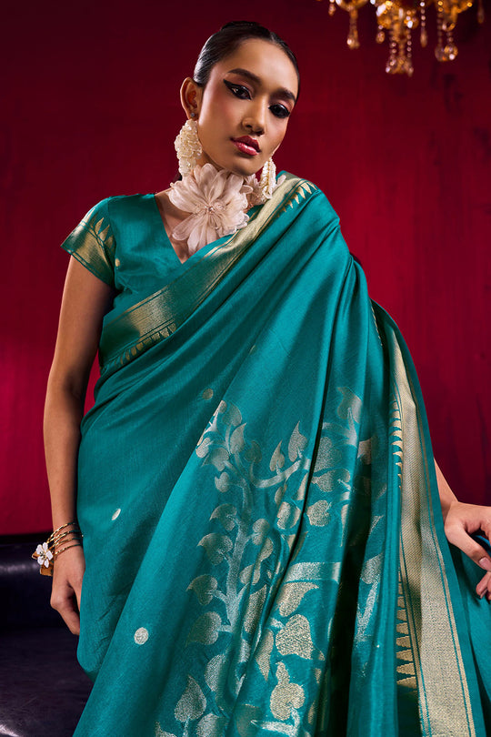 Nargis Teal Green Satin Linen Handloom Weaving Silk Ready to Wear One Minute Saree
