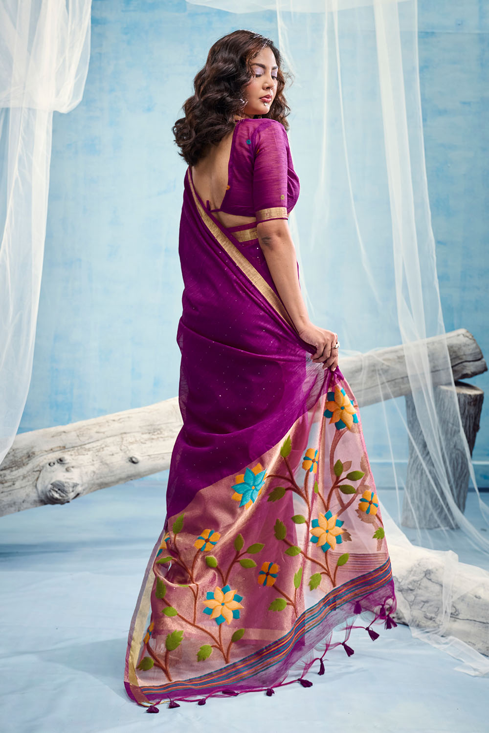 Sandhya  Purple Munga Silk Handloom Weaving Zari Work  Ready to Wear Saree