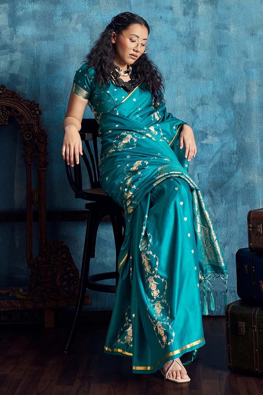 Ghazal Turquoise Blue Pure Satin Handloom Weaving Ready to Wear Saree