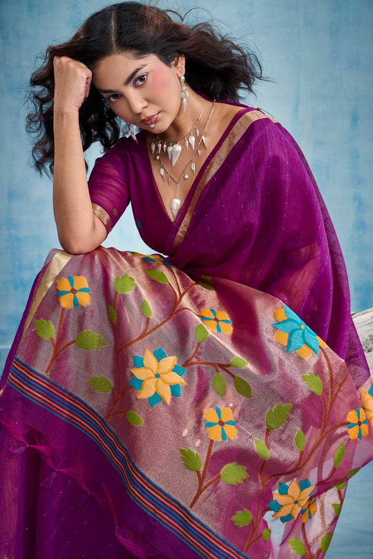 Sandhya  Purple Munga Silk Handloom Weaving Zari Work  Ready to Wear Saree