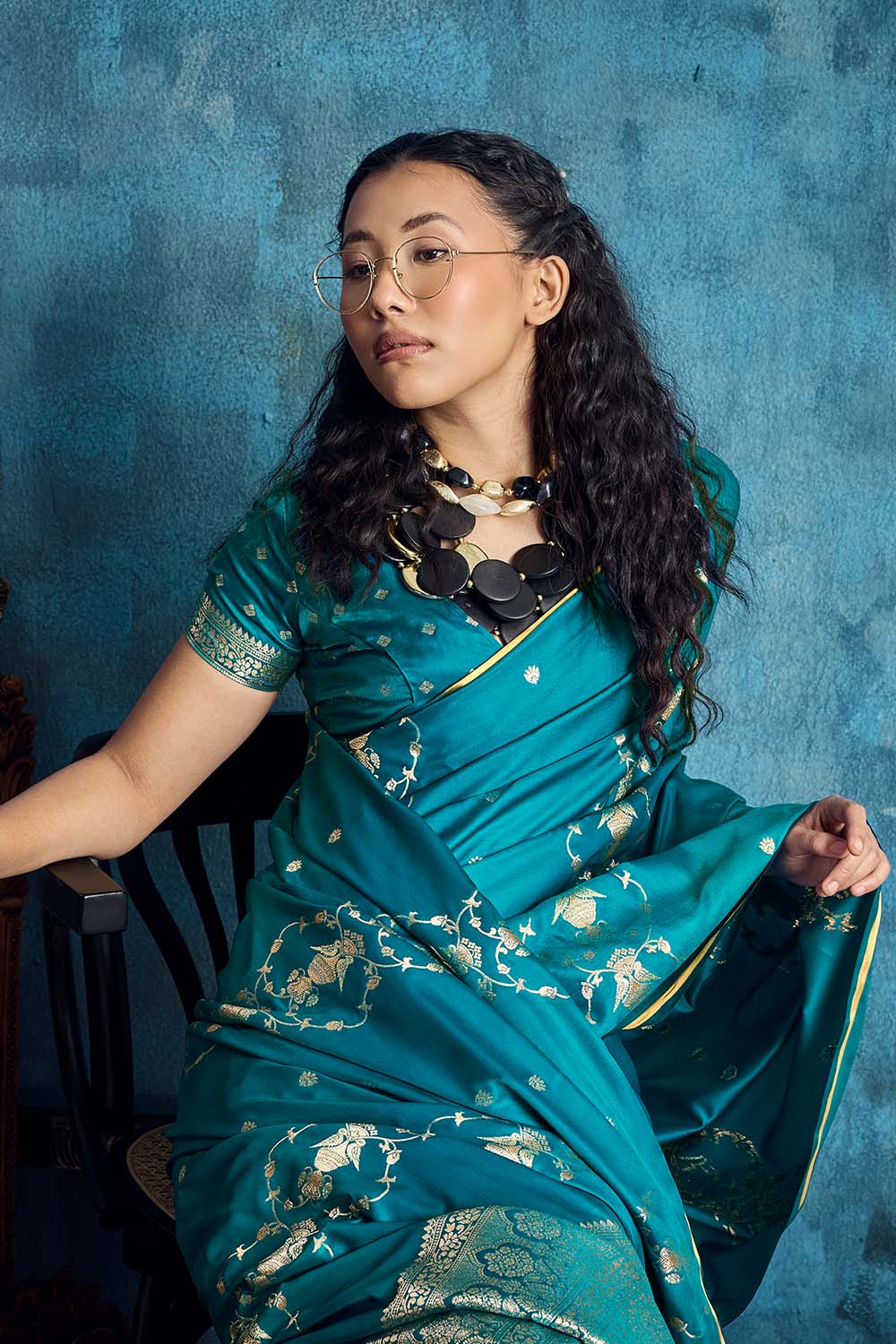 Ghazal Turquoise Blue Pure Satin Handloom Weaving Ready to Wear Saree