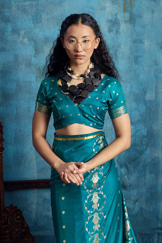 Ghazal Turquoise Blue Pure Satin Handloom Weaving Ready to Wear Saree