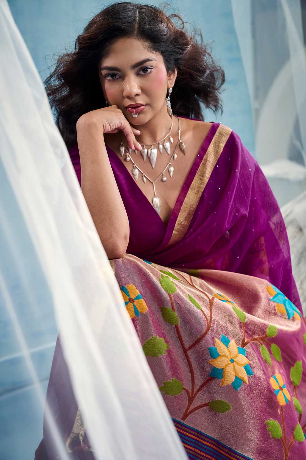 Sandhya  Purple Munga Silk Handloom Weaving Zari Work  Ready to Wear Saree