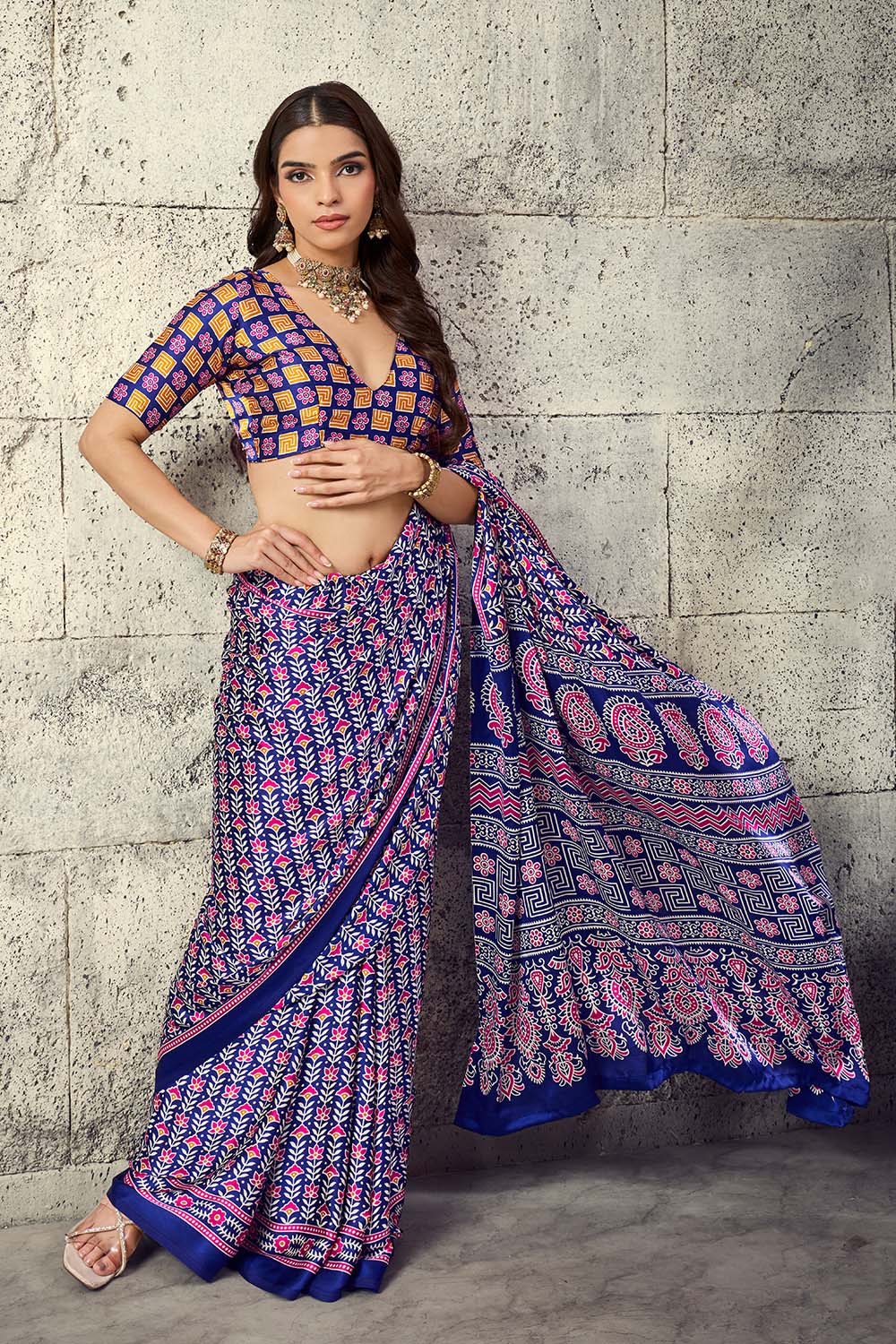 Penny Royal Blue Modal Satin Ajrakh Print Ready to Wear Saree