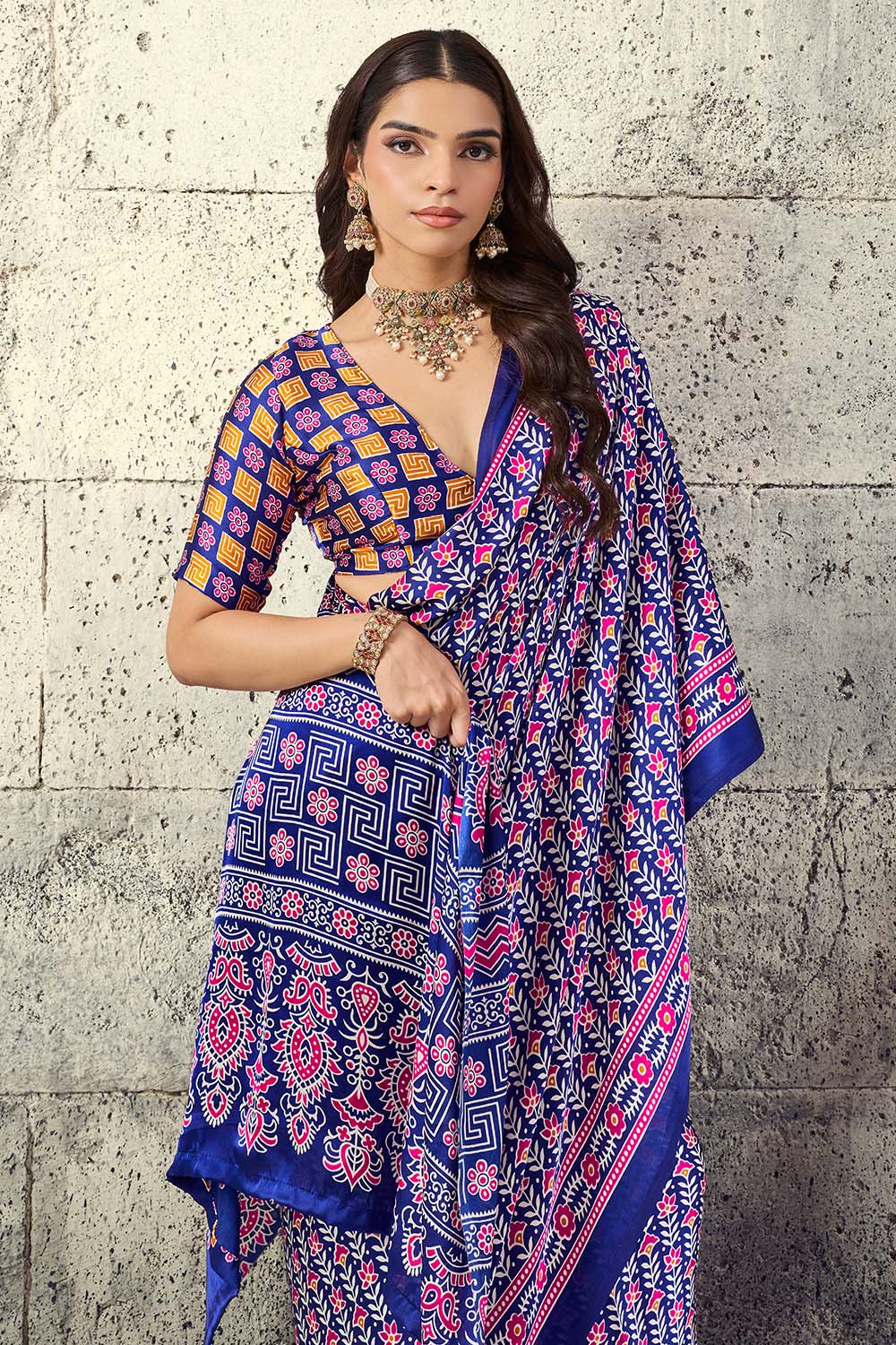 Penny Royal Blue Modal Satin Ajrakh Print Ready to Wear Saree