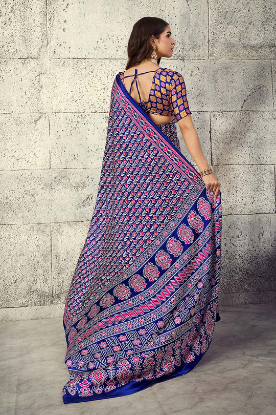 Penny Royal Blue Modal Satin Ajrakh Print Ready to Wear Saree