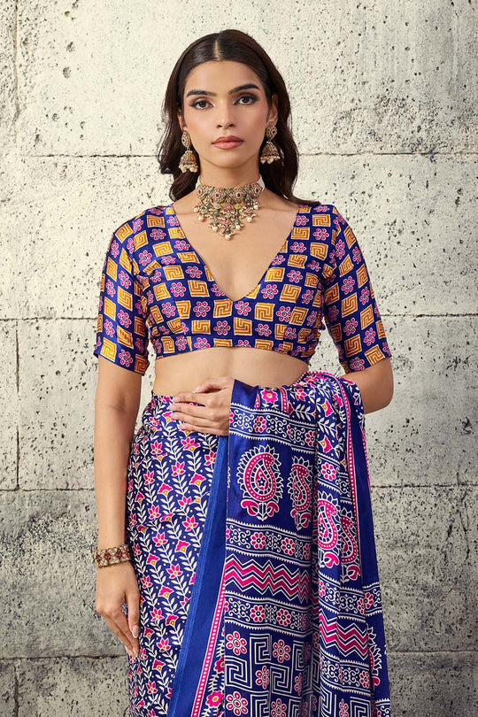 Penny Royal Blue Modal Satin Ajrakh Print Ready to Wear Saree