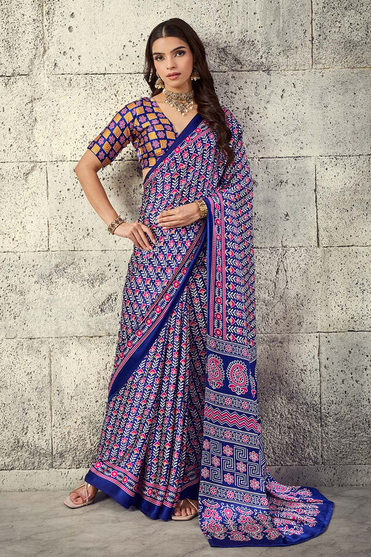 Penny Royal Blue Modal Satin Ajrakh Print Ready to Wear Saree